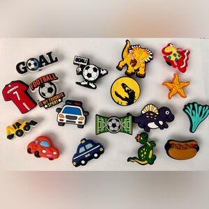 17 croc charm jibits- Ronaldo, soccer, dinosaurs, hotdog, vehicles, sea creatur